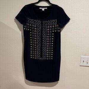 Diane Von Furstenberg Navy Short-Sleeve Mini Dress with Multicolor Studs